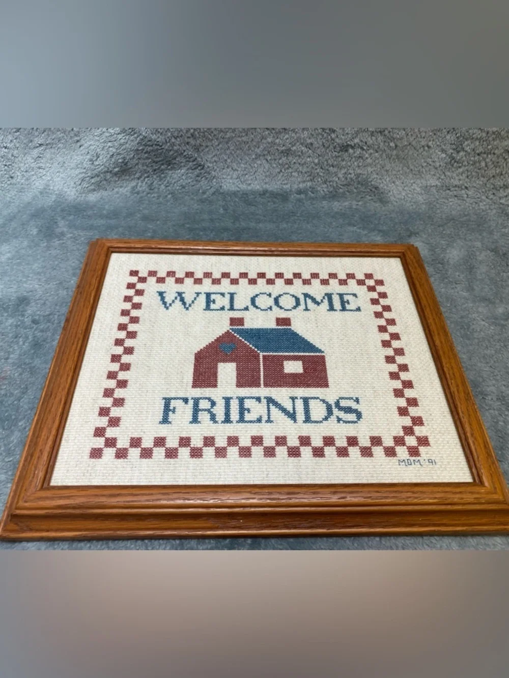 Welcome Friends Framed Cross-Stitch Home Accent - Red & Blue VTG 1991